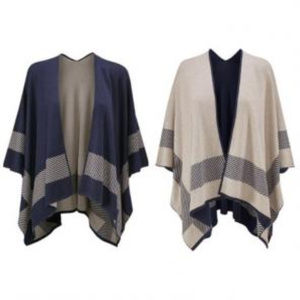 Cabi Reversible Navy and Tan Wrap Sweater Poncho
